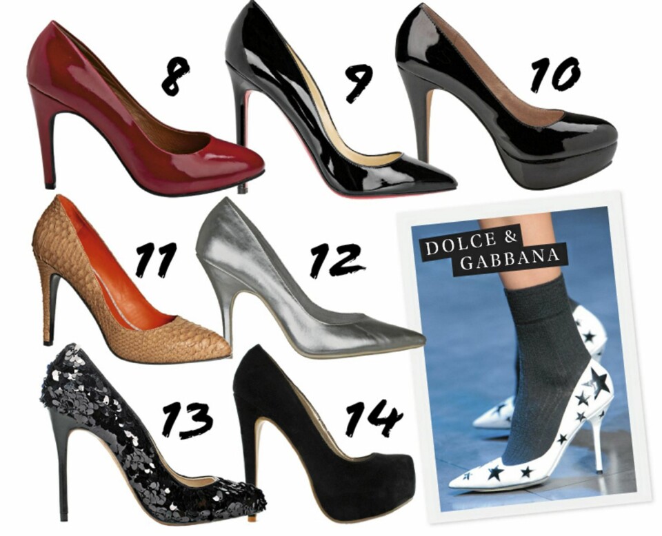 PARTYPUMPS: 8. Bianco, kr 600 9. Christian Louboutin/Net-a-porter.com, kr 3699 10. Bianco, kr 450 11. By malene Birger, kr 3599 12. Din Sko, kr 299 13. Zara, kr 799 14. Rebecca Stella for Nelly.com, kr 699