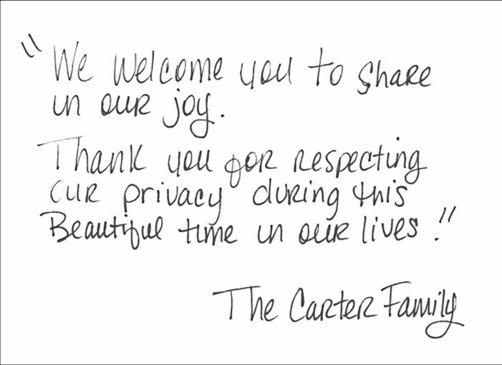 TAKKER FANSEN: «Vi ønsker dere velkommen til å dele vår glede. Takk for at dere respekterer vårt privatliv i denne fantastiske tiden i vårt liv. Carter-familien».