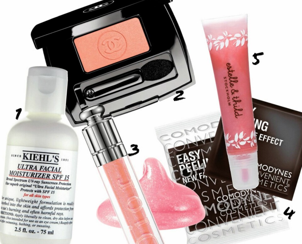 HVERDAGSGLØD: 1: Kiehl`s Ultra facial moisturizer, kr 190. 2: Chanel Ombre essentielle i 92 Rose de mai, kr 265. 3: Dior Addict ultra-gloss i socialite pink, kr 255. 4: Comodynes Easy peeling servietter, kr 129.