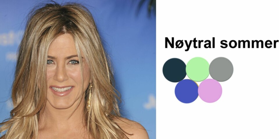 SOMMER: Med sine kjølige undertoner er Jennifer Aniston en nøytral sommer. Hvis faller under samme kategori, er dette noen av fargene du kler.