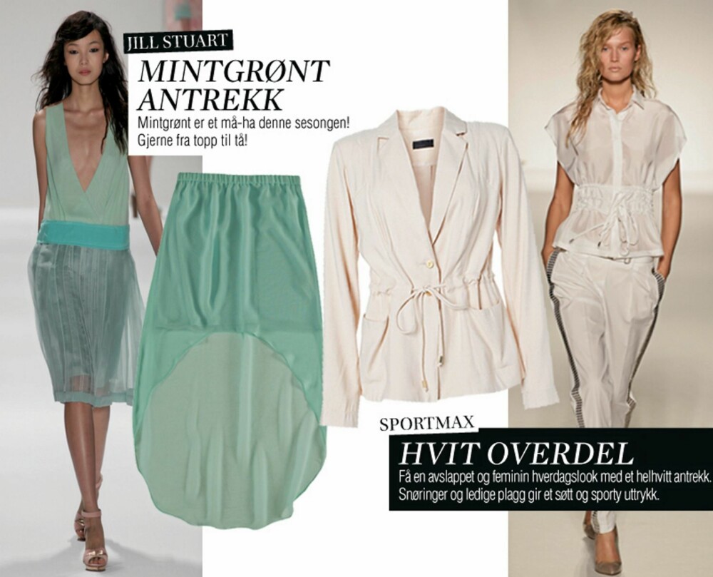 VÅRENS NØKKELPLAGG: Mintgrønt skjørt fra Zara, kr 299. Hvit jakke fra Vero Moda, kr 399.