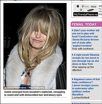 BORTREIST: Ifølge Daily Mail var Goldie Hawn lite tilsnakkendes da hun kom ut fra natklubben Annabel's.