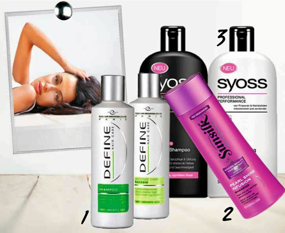 FAVORITTSJAMPO: Det finnes mange sjampoer i dagligvarebutikken din, her er tre av våre favoritter: Syoss, Define og Sunsilk. FAVORITTSJAMPO: Det finnes mange sjampoer i dagligvarebutikken din, her er tre av våre favoritter: Syoss, Define og Sunsilk.