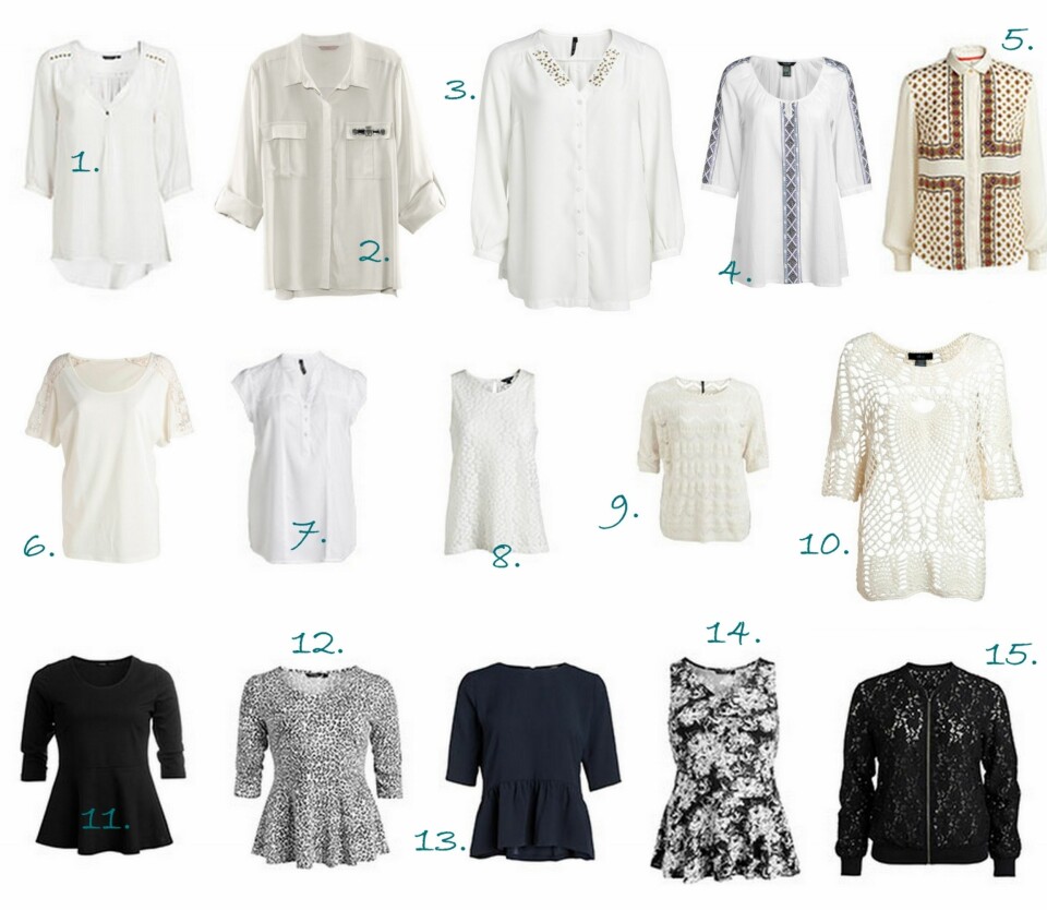 OVERDELER: 1. Bluse fra Lindex (kr 299), 2. Bluse fra HM+ (kr 349), 3. Bluse fra Kappahl XLNT (kr 299), 4. Bluse fra Ellos (kr 299), 5. Bluse fra Lindex (kr 89,50 salg), 6. Topp fra Ellos (kr 79), 7. Hvit Bluse fra Kappahl XLNT (kr 299), 8. Meshtopp fra Lindex (kr 199), 9. Helkla Genser fra Kappahl XLNT (kr 349), 10. Hekla topp fra Ellos (kr 299), 11. Sort Peplumtopp fra Lindex Generous (kr 249), 12. Peplumtopp fra Lindex Generous (kr 249), 13. Peplumbluse fra Lindex (kr 299), 14. Peplum topp fra Linedex Generous (kr 249), 15. Hekla bomberjakke fra Lindex Generous (kr 399).