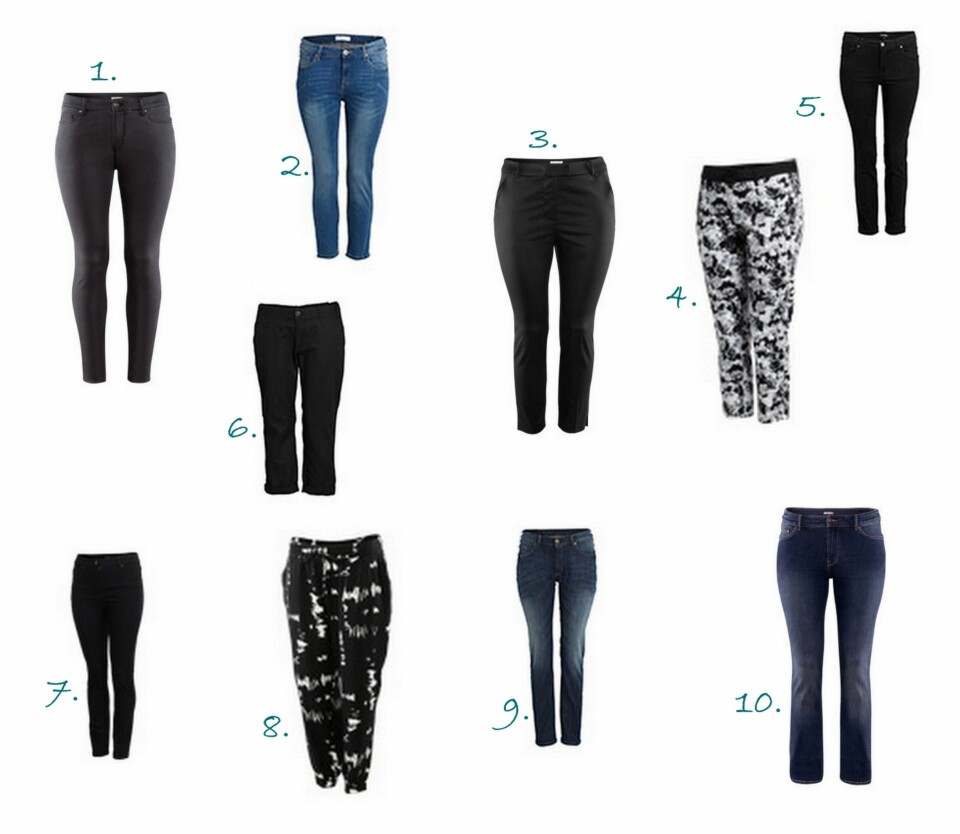 BUKSER: 1. Sorte Jeans fra HM+ (kr 299), 2. Jeans fra Lindex Generous (kr 399), 3. Ankelbukse fra HM+ (kr 299), 4. Bukser fra Kappahl XLNT (kr 399), 5. Sort bukse fra Lindex Generous (kr 199,50 salg), 6. Sorte capribukser fra Lindex Geneorus (kr 399), 7. Sorte Jeans fra Kappahl XLNT (kr 499), 8. Haremsbukse fra Kappahl XLNT (kr 349), 9. Mørke Jeans fra Lindex Generous (kr 399), 10. Jeans fra HM+ (kr 399).
