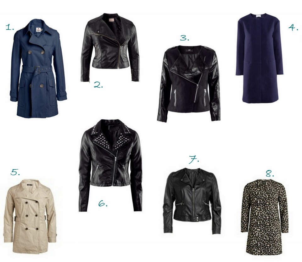 JAKKER: 1. Frakk fra Ellos (kr 399), 2. Skinnjakke fra HM+ (kr 599), 3. Skinnajekke fra H&M (kr 399), 4. Kåpe fra H&M (kr 599), 5. Frakk fra Kappahl EXLNT (kr 599), 6. Skinnjakke fra H&M (kr 399), 7. Kåpe fra Lindex og Lindex Generous (kr 799).