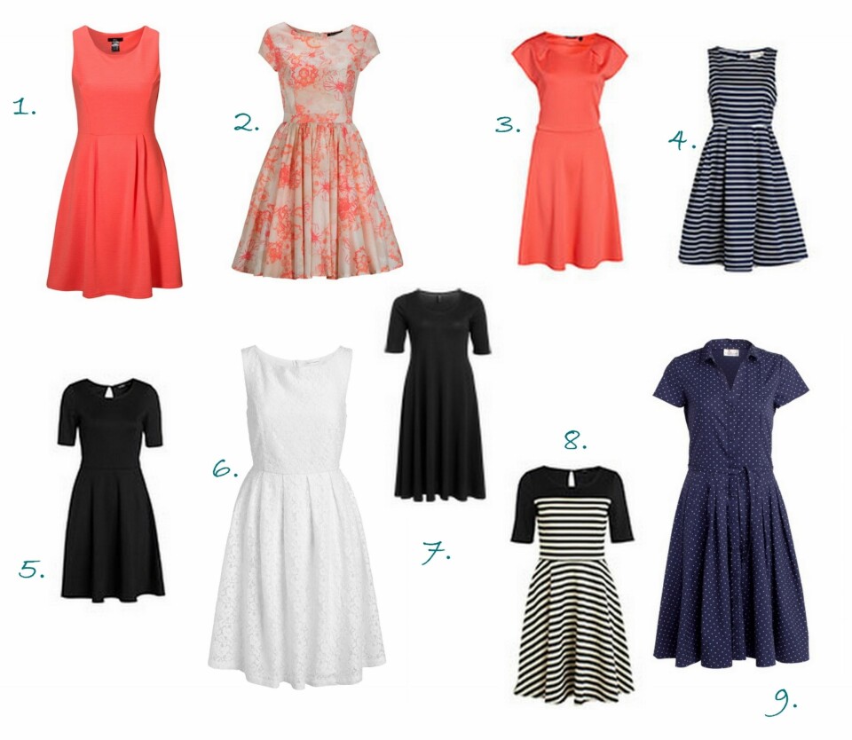 A-FORMET KJOLE: 1. Enkel a-formet kjole fra Ellos (kr 299), 2. A-formet kjole med print fra Ellos (kr 599), 3. Fersken A-formet kjole fra Lindex (kr 399, 4. A-formet kjole uten ermer fra Lindex (kr 399), 5. A-formet kjole fra Lindex (kr 299), 6. A-formet kjole fra Kappahl (kr 399), 7. A-formet kjole fra Kappahl EXLNT (kr 399), 8. Stripete A-formet kjole fra Lindex (kr 399), 9. A-fromet skjortekjole fra Ellos (kr 399).