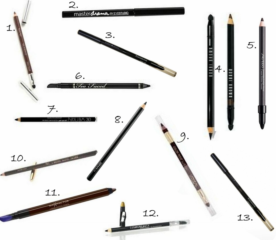 KLASSISK SORT OG BRUNT: 1. Eyeliner Pencil i Brunt fra Clarins (kr 165), 2. Master Drama Eye Liner fra Maybelline (kr 89), 3. Powderliner i fargen Coal fra Makeup Mekka (kr 119), 4. Creamy Eye Pencil i brunt og sort fra Bobbi Brown (Kr 185 per stk.), 5. Smooth Eyeliner Pencil fra Shiseido (kr 219), 6. Water Proof Eyeliner Pencil i Sort fra Too Faced (kr 195), 7. Kajal & Contour Eye Pencil fra Nouba (kr 139), 8. Eye Kohl i fargen Smolder fra MAC (kr 140), 9. Color Riche Le Smoky Eyeliner i fargen 204 Brown Fusion fra L'Oréal Paris (kr 99), 10. Crayon Kohl i brun fra Lancome kr, 11. Liquid Effect Eyeliner Pencil i Brunt fra Max Factor (kr 85), 12. Eyeliner Pencil fra Cosmobeauty (kr 299), 13. Powderliner i fargen Tornado fra Makeup Mekka (kr 119).