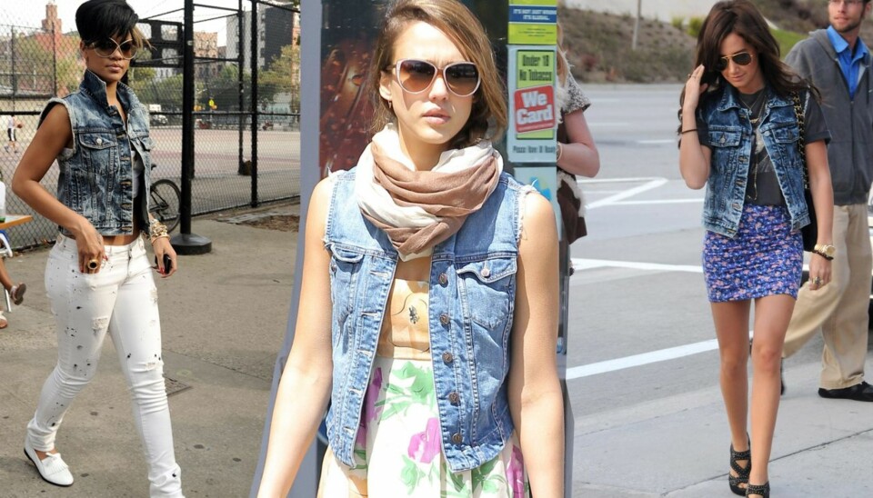 KJENDISFAVORITT: Rihanna styler denimvesten med slitte, hvite jeans. Jessica Alba bruker den over en fargerik, blomstrete kjole. Og Ashley Tisdale bruker vesten til å rocke opp et ellers pyntet antrekk.