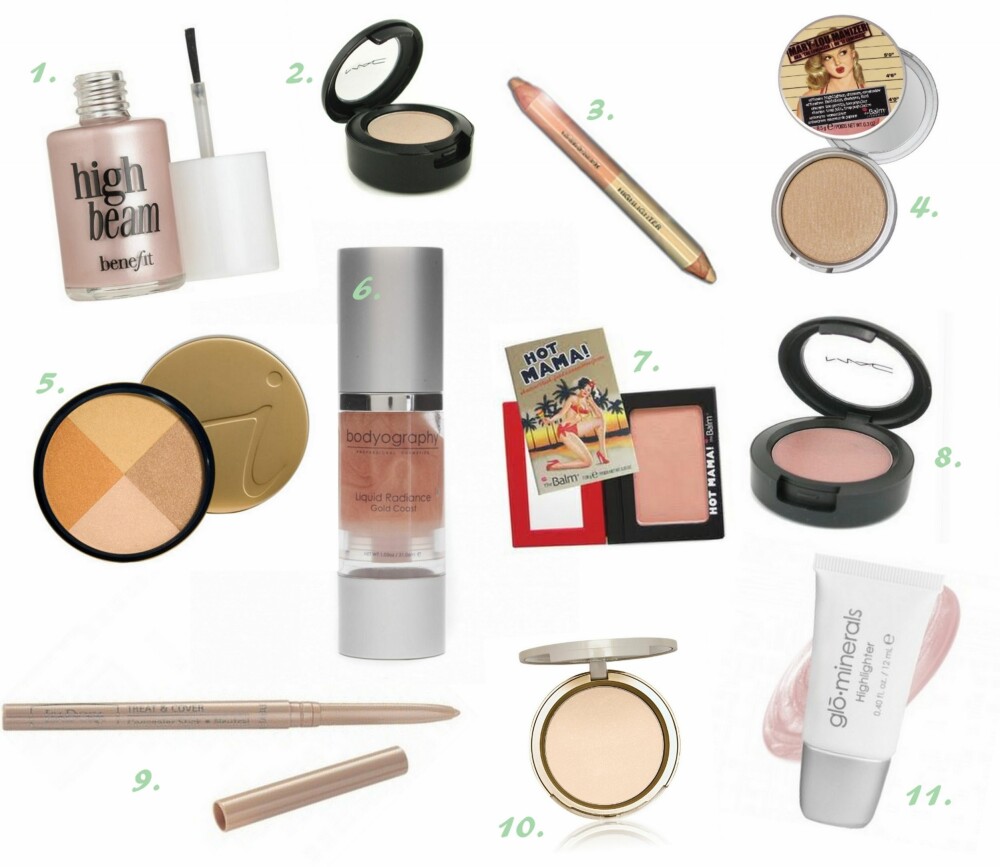HIGHLIGHTER TIL LYS HUD: 1. High Beam fra Benefit (kr 185), 2. Eyeshadow i fargen Dazzlelight fra MAC (kr 160), 3. Duo Pencil fra Billion Dollar Brows (kr 235), 4. Mary-Loy Manizer aka The Luminizer fra The Balm (kr 185), 5. Moonglow Quad Bronzer fra Jane Iredale (kr 498), 6. Liquid Radiance i fargen Gold Coast fra Bodyography (kr 219), 7. Hot Mama fra The Balm (kr 151), 8. Cream Color Blush i fargen Hush (kr 180), 9. Treat & Cover Concealer fra Isadora (kr 89 ), 10. Candlelight Pressed Powder fra Too Faced (kr 295), 11. Highlighter fra Glo Minerals (kr 239). HIGHLIGHTER TIL LYS HUD: 1. High Beam fra Benefit (kr 185), 2. Eyeshadow i fargen Dazzlelight fra MAC (kr 160), 3. Duo Pencil fra Billion Dollar Brows (kr 235), 4. Mary-Loy Manizer aka The Luminizer fra The Balm (kr 185), 5. Moonglow Quad Bronzer fra Jane Iredale (kr 498), 6. Liquid Radiance i fargen Gold Coast fra Bodyography (kr 219), 7. Hot Mama fra The Balm (kr 151), 8. Cream Color Blush i fargen Hush (kr 180), 9. Treat & Cover Concealer fra Isadora (kr 89 ), 10. Candlelight Pressed Powder fra Too Faced (kr 295), 11. Highlighter fra Glo Minerals (kr 239).
