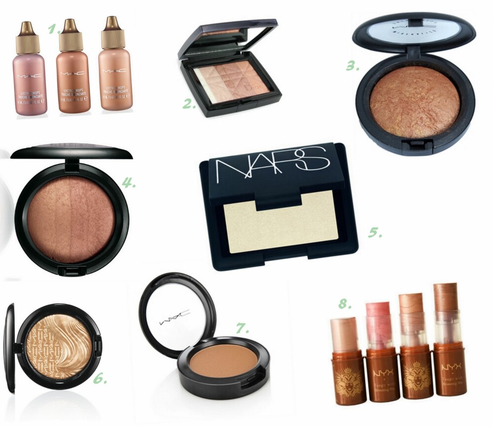 HIGHLIGHTER MØRK HUD: 1. Lustre Drops fra MAC (kr 185), 2. Diamond Skin Shimmer i fargen Amber fra Dior (kr 290), 3. Face Bronzer i fargen Gold Deposit fra MAC (kr 190), 4. Mineralize Skinfinish i fargen Redhead fra MAC (kr 200), 5. Highlighting Blusher i fargen Albatross fra Nars (kr 285), 6. Extra Dimension Skinfinish i fargen Glorify fra MAC (kr 190), 7. Sheertone Shimmer Blush i fargen Trace Gold fra MAC (kr 180), 8. Tango with Bronzing Stix fra NYX (kr 139). HIGHLIGHTER MØRK HUD: 1. Lustre Drops fra MAC (kr 185), 2. Diamond Skin Shimmer i fargen Amber fra Dior (kr 290), 3. Face Bronzer i fargen Gold Deposit fra MAC (kr 190), 4. Mineralize Skinfinish i fargen Redhead fra MAC (kr 200), 5. Highlighting Blusher i fargen Albatross fra Nars (kr 285), 6. Extra Dimension Skinfinish i fargen Glorify fra MAC (kr 190), 7. Sheertone Shimmer Blush i fargen Trace Gold fra MAC (kr 180), 8. Tango with Bronzing Stix fra NYX (kr 139).