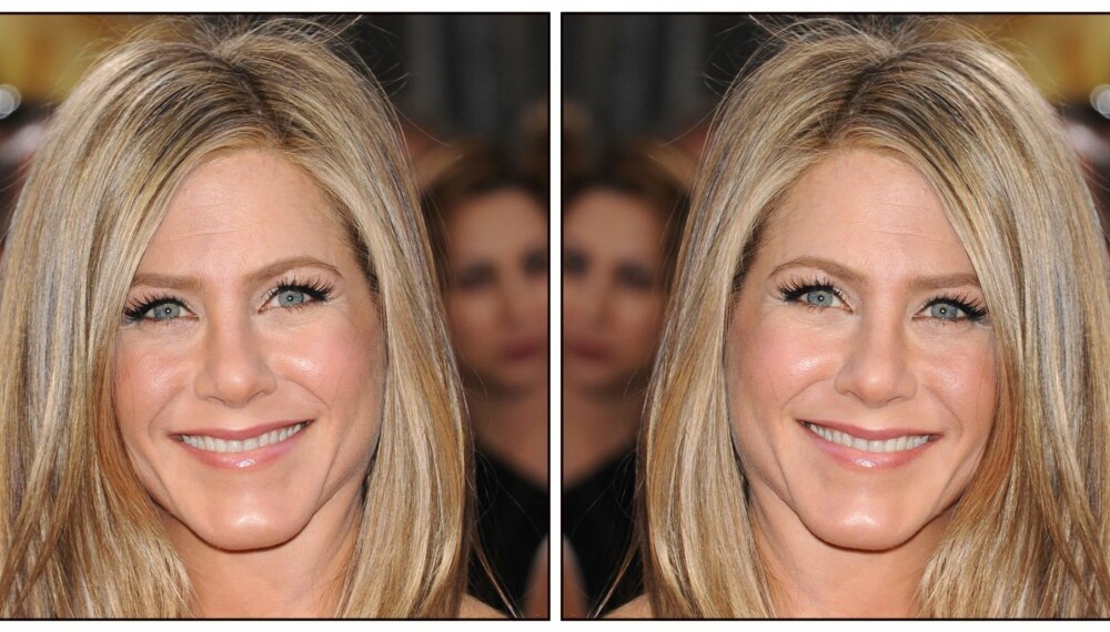 SPEILVENDT: Bildet til venstre viser hvordan Jennifer Aniston ser ut i virkeligheten, mens bildet til høyre viser hvordan Aniston ser seg selv i speilet.