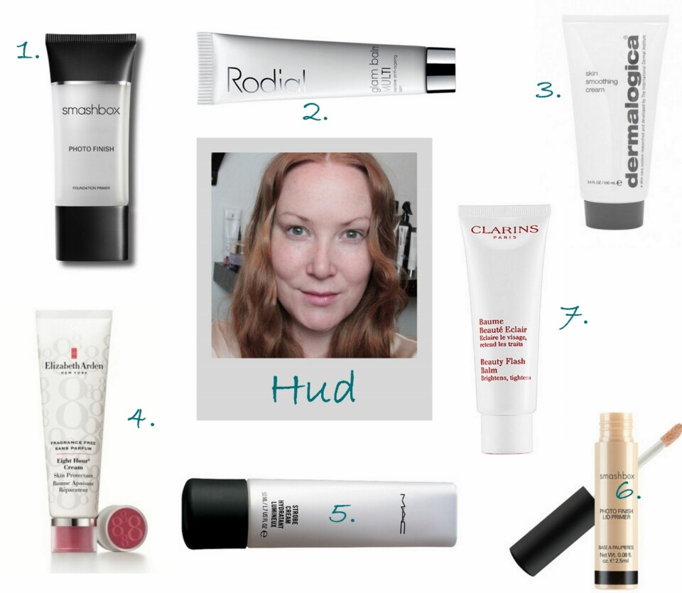 PREPP AV HUDEN: 1. Photo Finish Foundation Primer fra Smashbox (kr 385), 2. Glam Balm Multi fra Rodial (kr 520), 3. Skin Smoothing Cream fra Dermalogica (kr 630 ), 4. Eight Hour Cream uten parfyme fra Elizabeth Arden (kr 325), 5. Strobe Cream fra MAC (kr 300), 6. Photo Finish Lid Primer fra Smashbox (kr 198).
