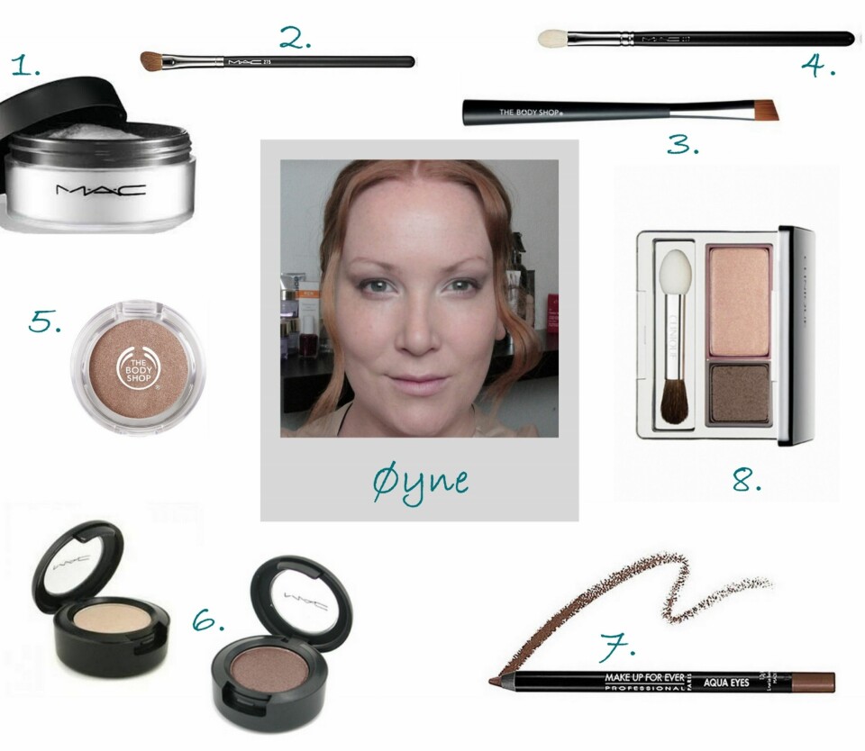 ØYNE: 1. Prep+Prime Translucent Finishing Powder fra MAC (kr 200), 2. Angled Crease Brush #275 fra MAC (kr 230), 3. Angled Brush fra The Body Shop (kr 99), 4. Blending Brush #217 fra MAC (kr 195), 5. Eyeshadow i fargen Caramel Flirt fra The Body Shop (kr 115), 6. Eyeshadow i fargen Dazzlelight og Satin Taupe fra MAC (kr 160), 7. Aqua Eyes vannfast kajal fra Make Up For Ever (kr 198), 8. Colour Surge Eye Shadow Duo i fargene Coffee Shop fra Clinique (kr 285).