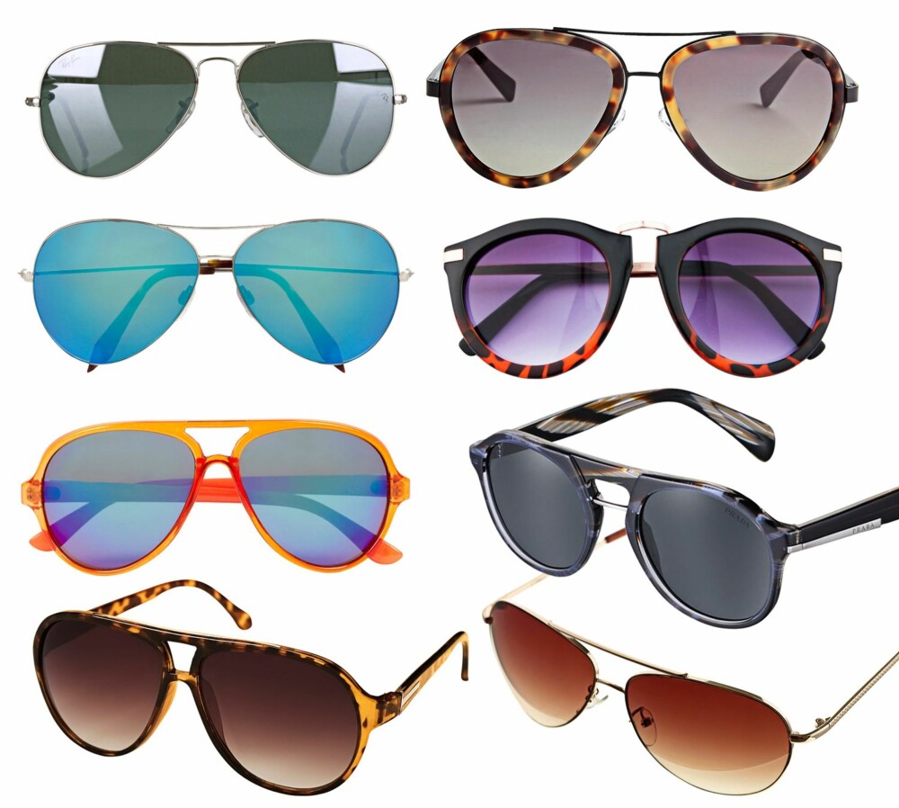 PILOT: Øverst fra venstre: Metallisk fra Ray Ban, kr 1130. Brunspettet fra Philip Lim/my-wardrobe.com, kr 1497. Blått glass fra Victoria Beckham/net-a-porter.com, kr 2970. Rødspettet fra Bik Bok, kr 49. Orange fra Asos, kr 149. Sølvstriper fra Prada, kr 2700. Brunspettet fra Ray Ban, kr 1293. Brunt glass fra Glitter, kr 79.