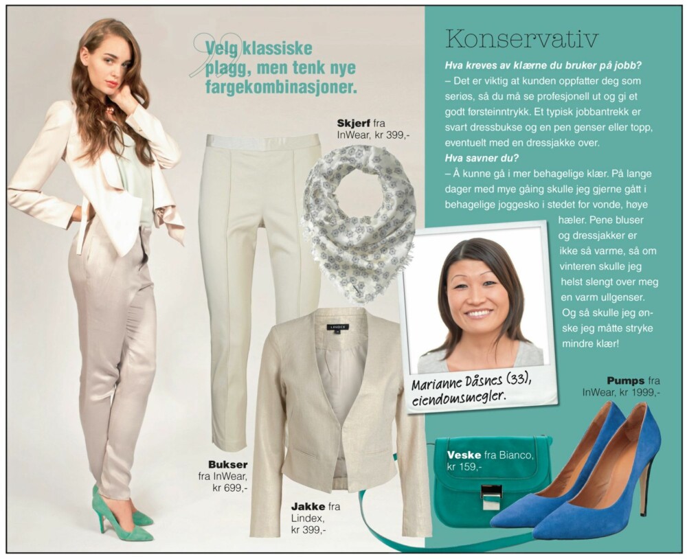 Dus minimalisme: Modellen har på seg lys jakke fra by Malene Birger, kr 2999,- Grå silkebukser fra Wiksen, kr 1899,- Mintgrønn singlet fra H&M, kr 249,- Mintgrønne pumps fra Bianco, kr 699,- Smykke fra H&M, kr 80,- Dus minimalisme: Modellen har på seg lys jakke fra by Malene Birger, kr 2999,- Grå silkebukser fra Wiksen, kr 1899,- Mintgrønn singlet fra H&M, kr 249,- Mintgrønne pumps fra Bianco, kr 699,- Smykke fra H&M, kr 80,-