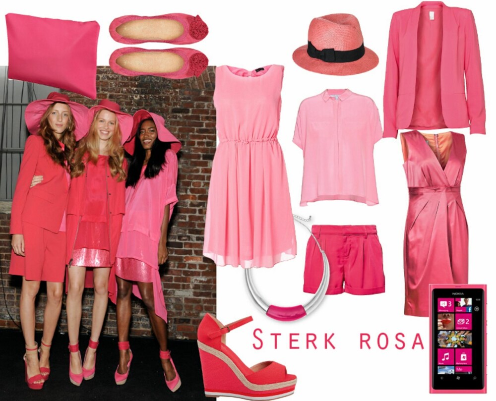 ROSA: Rosa blide jenter som gikk catwalken for DKNY denne sesongen. Øverst ser du clutchveske fra Gina Tricot, kr 99, ballerinas fra Accessoirize, kr 389, kjole fra Vila, kr 200, hatt fra Accessoirize, kr 199, kortermet bluse fra Diane von Furstenberg/Mytheresa.com, kr 1600, blazer fra Vila, kr 350, shorts fra MQ, kr 399, satengkjole fra Inwear, kr 1399, smykke fra Kappahl, kr 80, sandal med kilehæl fra Bianco, kr 449 og nye Nokia Lumia 800 i en fresh rosafarge, kr 3599 uten abonnement. ROSA: Rosa blide jenter som gikk catwalken for DKNY denne sesongen. Øverst ser du clutchveske fra Gina Tricot, kr 99, ballerinas fra Accessoirize, kr 389, kjole fra Vila, kr 200, hatt fra Accessoirize, kr 199, kortermet bluse fra Diane von Furstenberg/Mytheresa.com, kr 1600, blazer fra Vila, kr 350, shorts fra MQ, kr 399, satengkjole fra Inwear, kr 1399, smykke fra Kappahl, kr 80, sandal med kilehæl fra Bianco, kr 449 og nye Nokia Lumia 800 i en fresh rosafarge, kr 3599 uten abonnement.