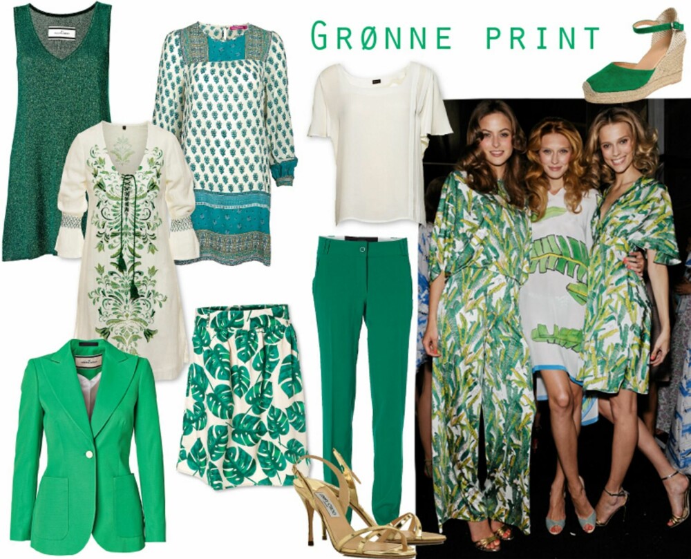 GRØNT: Grønt er skjønt backstage hos Issa. Grønne bukser fra Vero Moda, kr 260, gullsandaler fra Jimmy Choo, kr 2950 hos Net-a-porter.com, mønstret skjørt fra Vero Moda, kr 200, blazer fra By Malene Birger, kr 2999, hvit topp fra Wiksén, kr 1399, grønn ermeløs kjole fra By Malene Birger, kr 1199, tunika fra Indiska, kr 349. GRØNT: Grønt er skjønt backstage hos Issa. Grønne bukser fra Vero Moda, kr 260, gullsandaler fra Jimmy Choo, kr 2950 hos Net-a-porter.com, mønstret skjørt fra Vero Moda, kr 200, blazer fra By Malene Birger, kr 2999, hvit topp fra Wiksén, kr 1399, grønn ermeløs kjole fra By Malene Birger, kr 1199, tunika fra Indiska, kr 349.