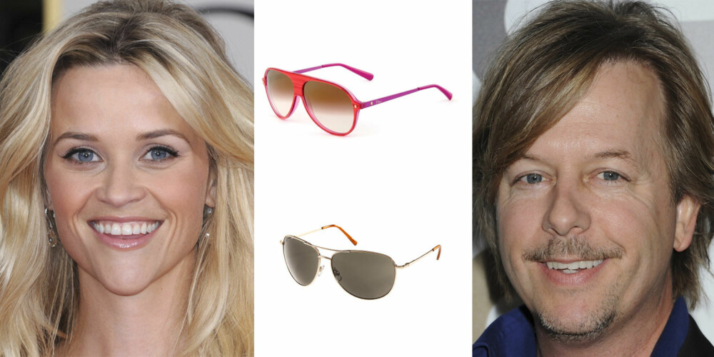 HJERTE/TRKANTFORMET ANSIKT: Reese Witherspoon og David Spade og har begge en hjerte/trekant ansiktsform. Hører du også til denne gruppen er disse brillene et sikkert kjøp. Fra toppen: Dior pilotbrille 2 530,- H&M pilotbrille 79,50,-