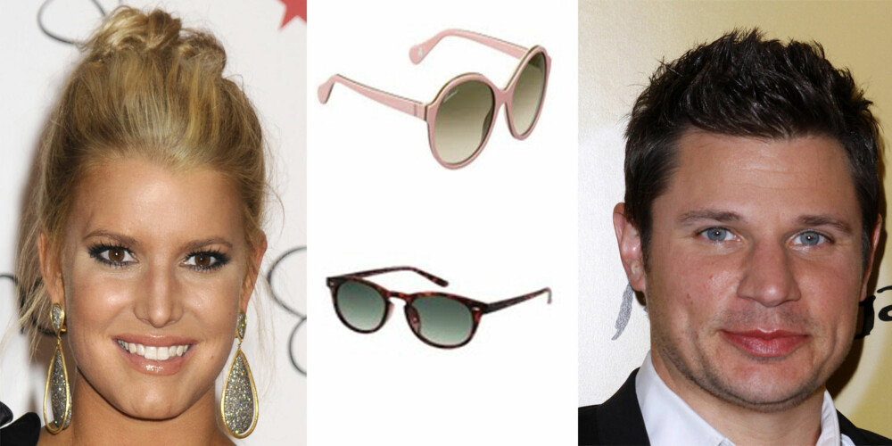 KVADRATISK ANSIKT: Jessica Simpson og Nick Lachey har begge en kvadratisk ansiktsform. Hører du også til denne gruppen er disse brillene et sikkert kjøp. Fra toppen: Gucci rosa 1 240,- H&M 79.50,-