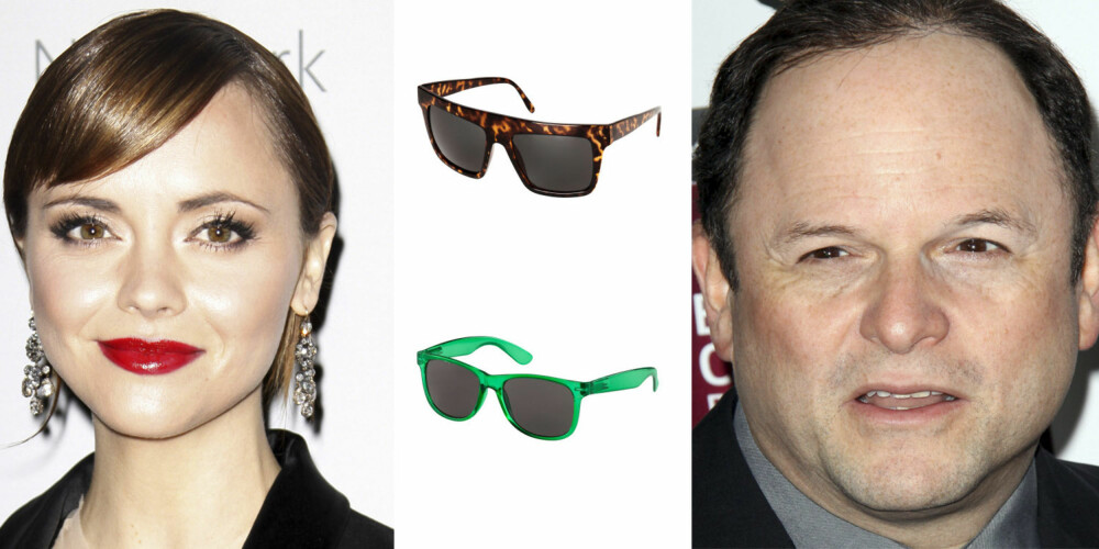 RUNDT ANSIKT: Christina Ricci og Jason Alexander har begge en rund ansiktsform. Hører du også til denne gruppen er disse brillene et sikkert kjøp. Fra toppen: H&M 99,- H&M 49,50.-