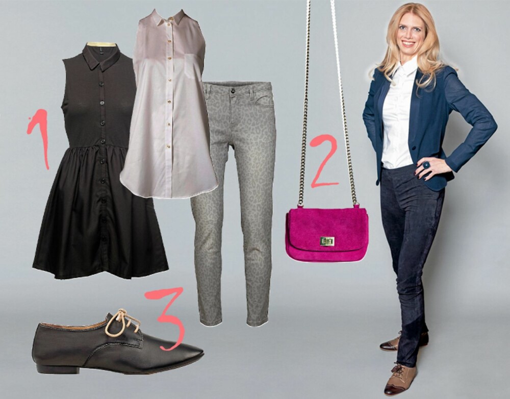 1) A-linjeformet skjortekjole fra Vero Moda, kr 260,- , Bluse uten ermer fra Carin Wester, kr 1195,-, Jeans med leopardprint fra Vila, kr 400,- 2) Skulderveske fra By Malene Birger, kr 1399,- 3) Sko fra Zara, kr 559,-