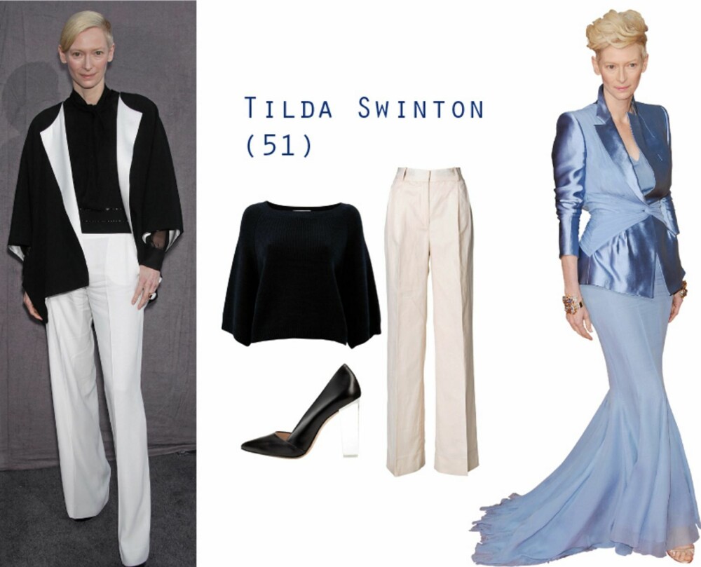 FÅ STILEN TIL TILDA: Tildas stil er minimalistisk med rene linjer og originalt tilbehør. Her ser du hvit bukse fra By Malene Birger, kr 1799. svart genser fra Bzr, kr 999 pg svarte pumps med gjennomsiktig hæl fra Zara, kr 950.