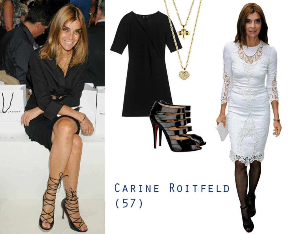 CARINES STIL: Carine Roitfelds stil er klassisk og fasjonabel, gjerne i hvitt og sort. Her ser du svart kjole fra Filippa K, kr 1500, smykke fra Dyrberg/Kern, kr 769, sko fra Chrisitan Louboutin, kr 5800 hos Net-a-porter.com. CARINES STIL: Carine Roitfelds stil er klassisk og fasjonabel, gjerne i hvitt og sort. Her ser du svart kjole fra Filippa K, kr 1500, smykke fra Dyrberg/Kern, kr 769, sko fra Chrisitan Louboutin, kr 5800 hos Net-a-porter.com.