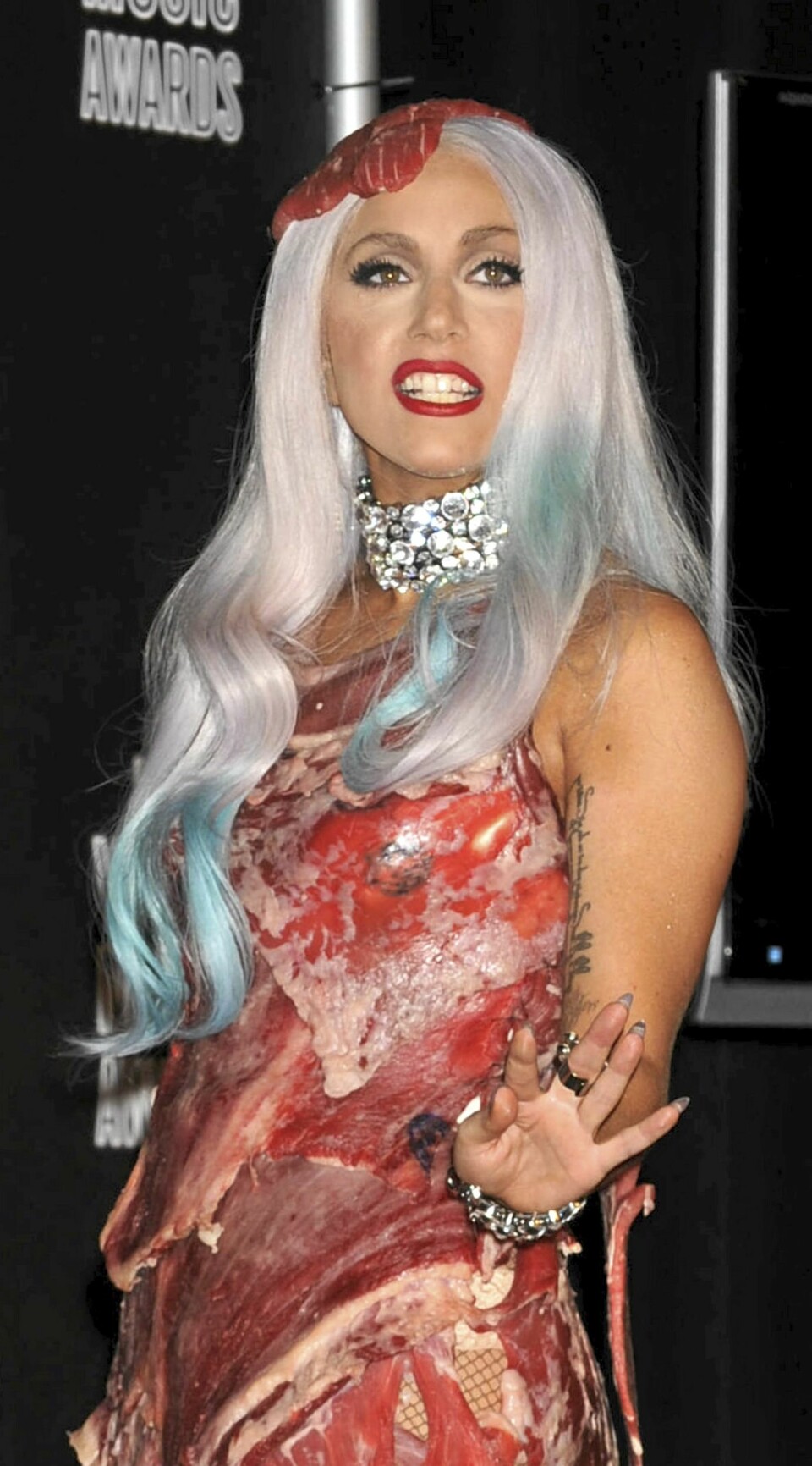 STORE GAGA: Lady Gaga regnes i dag som en av verdens aller største stjerner . Dels på grunn av sin fengende popmusikk, men også fordi hun har en evne til å sjokkere. For eksempel da hun mottok MTVs videopris i denne kjøttkjolen.