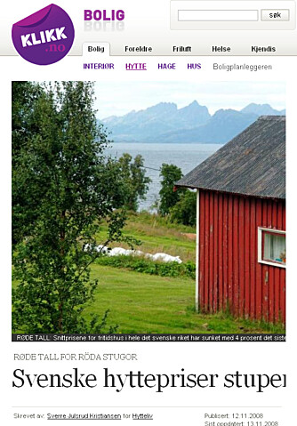 FAKSIMILE: Klikk Bolig kunne fortelle om hyttepriser som stuper i Sverige.