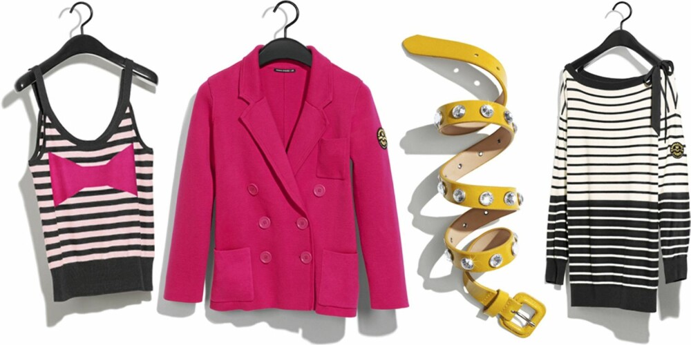 FRA VENSTRE: Topp med sløyfe (kr 199), jakke (kr 599), belte (kr 199), stripete genser (kr 299).