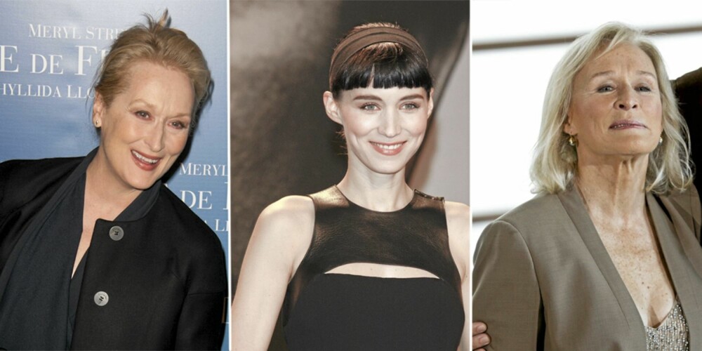 Rooney Mara flankert av Meryl Streep - storfavoritten til å vinne Årets kvinnelige skuespiller - og Glenn Close.
