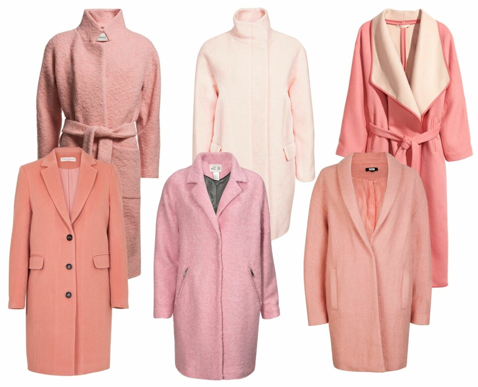 PASTELLVINTER: Øverst fra venstre: Ganni, kr 2599. Samsøe Samsøe, kr 2895. H&M, kr 1299. Custommade, kr 2999. Ellos, kr 999. Bik Bok, kr 699.