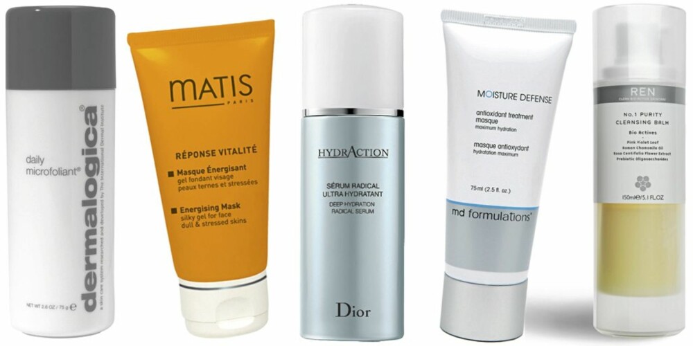 FRA VENSTRE: Dermalogica Daily Microfoliant (kr 590), Matis Energizing Mask (kr 379), Dior HydrAction Deep Hydration Radical Serum (kr 680), Md Formulations Moisture Defense Antioxidant Treatment Mask (kr 429), REN Nr. 1 Purity Cleansing Balm (kr 495).