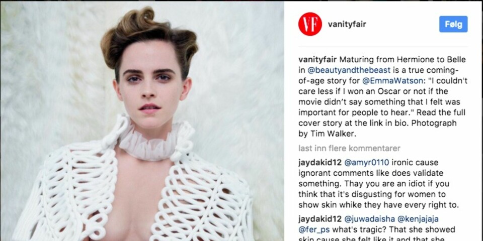 PUPPEHUD: Emma Watson høstet mye kritikk for dette bildet tidligere i år. (Skjermdump fra Instagram)