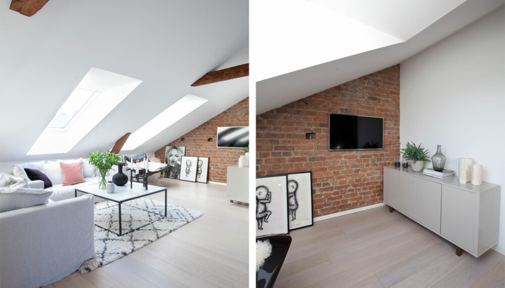 LOFTSTUEN: Sofaene er fra Room 21, med gode kvaliteter som dunfyll og lintrekk, som kan vaskes eller byttes. Teppet og bordet er fra House Doctor, og sistnevnte har fått et strøk med malerkosten over betongflaten. Den stramme skjenken fra Ikeas Stockholm-serie er satt sammen med saltlykter fra Funliving. Foto: Ann Helen Lund og Solveig Grøvle. LOFTSTUEN: Sofaene er fra Room 21, med gode kvaliteter som dunfyll og lintrekk, som kan vaskes eller byttes. Teppet og bordet er fra House Doctor, og sistnevnte har fått et strøk med malerkosten over betongflaten. Den stramme skjenken fra Ikeas Stockholm-serie er satt sammen med saltlykter fra Funliving. Foto: Ann Helen Lund og Solveig Grøvle.