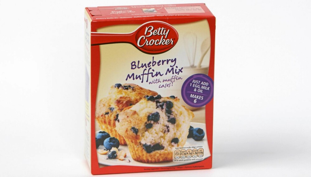 TESTET: DinKost.no har vurdert næringsinnholdet i kakemiks. Testvinneren er denne, Betty Crocker Blueberry Muffin Mix.