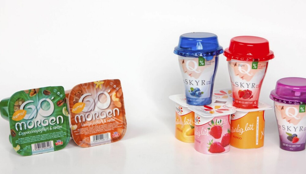 FETT ELLER MAGERT: Disse to Go`Morgen-variantene med nøtter inneholder nesten 10 prosent fett. Yopait og Skyr, derimot har så lavt innhold av fett at de er fettfrie. FETT ELLER MAGERT: Disse to Go`Morgen-variantene med nøtter inneholder nesten 10 prosent fett. Yopait og Skyr, derimot har så lavt innhold av fett at de er fettfrie.