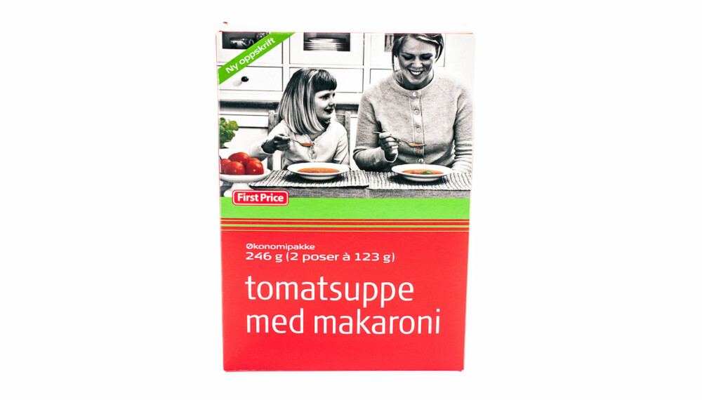 TEST AV TOMATSUPPE: First Price Tomatsuppe med makaroni. TEST AV TOMATSUPPE: First Price Tomatsuppe med makaroni.