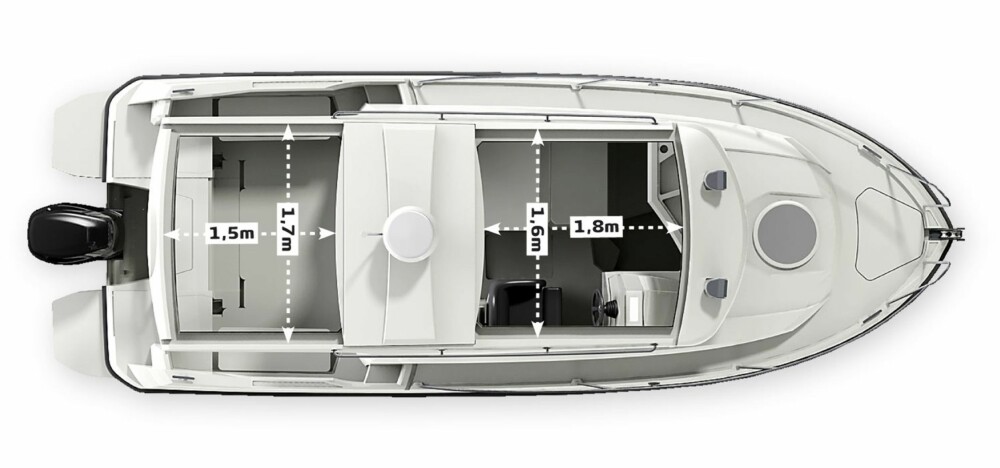 DELT: Du kan velge å åpne taket forut eller akterut hver for seg - eller å åpne begge samtidig og gjøre båten fullstendig om til en ¿Cabriolet¿. SKISSE: Askeladden.