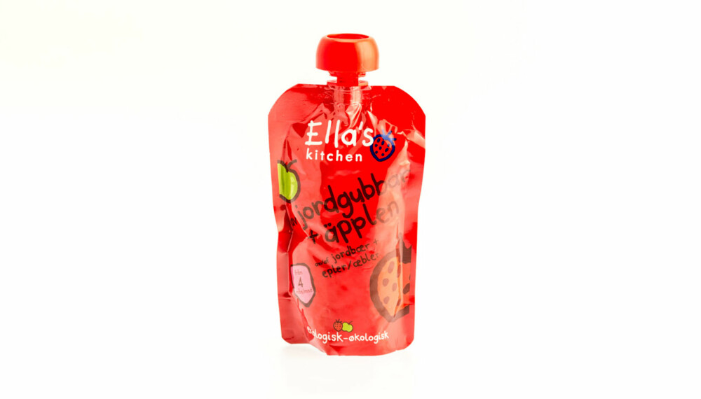 TEST AV FRUKTMOS OG SMOOTHIE: Ella's Kitchen jordbær og eple.