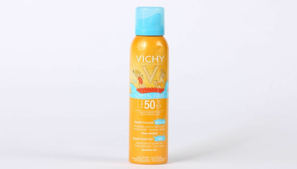 TEST AV SOLKREM FOR BARN: Vichy capital soleil super mousse for enfants and kids.