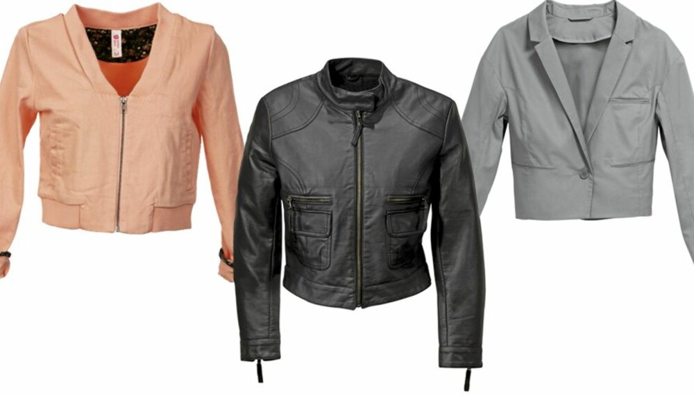 FRA VENSTRE: Fersekfarget jakke fra Gina Tricot (kr 349), svart jakke fra JSFN by Ellos (kr 499), kort blazer fra H&M (kr 398).
