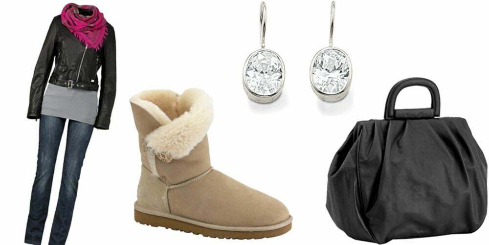 HVERDAGS: MC-jakke fra Jofama kr 1995, grå t-skjorte fra Soaked in Luxury kr 199, jeans fra Gina Tricot kr 499, rosa ullskjerf fra Part Two kr 399, øredobber fra Thomas Sabo kr 598, boots fra Ugg kr 1800, solbriller fra Mokki Collection kr 599, veske fra H&M kr 249. HVERDAGS: MC-jakke fra Jofama kr 1995, grå t-skjorte fra Soaked in Luxury kr 199, jeans fra Gina Tricot kr 499, rosa ullskjerf fra Part Two kr 399, øredobber fra Thomas Sabo kr 598, boots fra Ugg kr 1800, solbriller fra Mokki Collection kr 599, veske fra H&M kr 249.