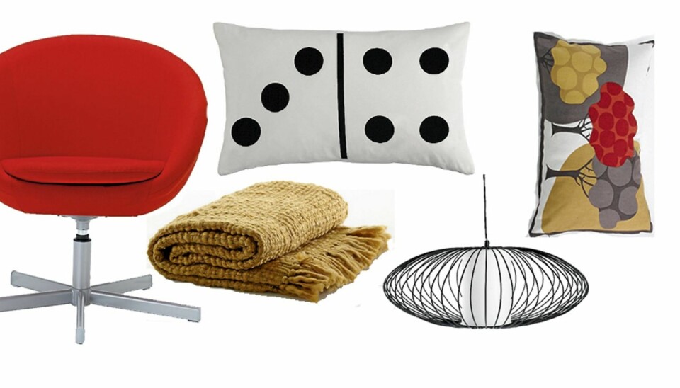 LAVBUDSJETT: Svingstolen Skruva fra Ikea, kr. 799,-. Putetrekk med trykk av dominobrikke Fra H&M Home, 30 x 50 cm, kr 80. Sennepsfarget pledd i ull- og akrylblanding fra Ellos, kr 399. Puten Park fra Ellos, 30 x 50 cm, kr 198 for sett med 2 stk. Taklampe med organisk form fra Åhléns, kr 795,-.