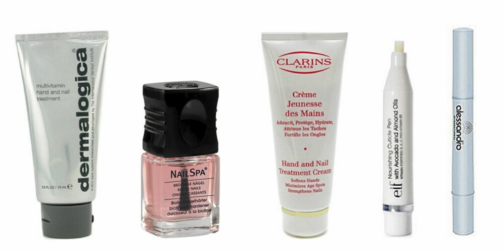 FRA VENSTRE: Dermalogica Multivitamin Hand and Nail Treatment (kr 242,50), Alessandro Nail Spa Control Biotin Nail Hardener (kr 115), Clarins Hand and Nail Treatment Cream (kr 220,50), Elf Nourishing Cuticle Pen (kr 14) og Alessandro Nail Spa Control Nail Grow Serum Pen (kr 124). FRA VENSTRE: Dermalogica Multivitamin Hand and Nail Treatment (kr 242,50), Alessandro Nail Spa Control Biotin Nail Hardener (kr 115), Clarins Hand and Nail Treatment Cream (kr 220,50), Elf Nourishing Cuticle Pen (kr 14) og Alessandro Nail Spa Control Nail Grow Serum Pen (kr 124).