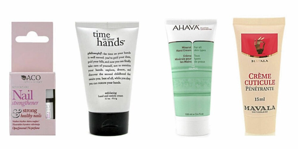 FRA VENSTRE: Aco Nail Strengthener (kr 64), Philosophy Exfoliating Hand and Cuticle Cream (kr 157), Ahava Mineral Hand Cream (kr 142) og Mavala Nail Cuticle Cream (kr 95). FRA VENSTRE: Aco Nail Strengthener (kr 64), Philosophy Exfoliating Hand and Cuticle Cream (kr 157), Ahava Mineral Hand Cream (kr 142) og Mavala Nail Cuticle Cream (kr 95).
