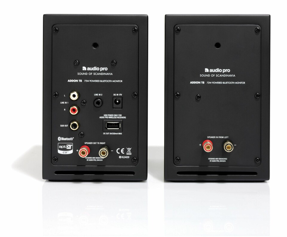 TILKOBLINGER: På baksiden finner du bare jack- og RCA-innganger i tillegg til subwoofer-utgang, mens USB-porten er forbeholdt strøm til trådløssystemet.