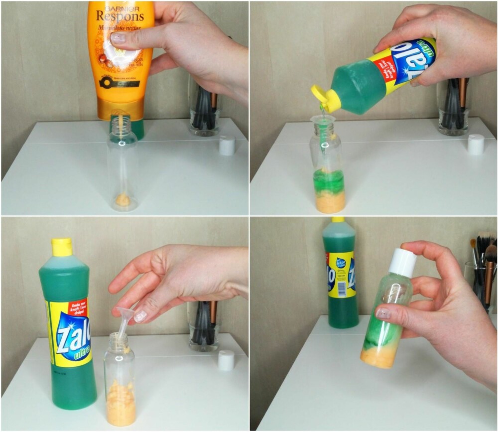 FREMGANGSMÅTE: Hell like deler med balsam og håndoppvaskmiddel over i en reiseflaske, og bland godt. FREMGANGSMÅTE: Hell like deler med balsam og håndoppvaskmiddel over i en reiseflaske, og bland godt.