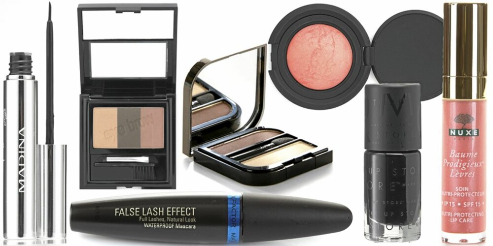 FRA VENSTRE: Medina True deep eyeliner nr. 751(kr 130), Max Factor False lash effect waterproof mascara (kr 169), Madina Moma brow kit (kr 295), Helena Rubinstein Wanted eyes duo (kr 230), Nouba Blush on bouble nr. 45 (kr 235). Make Up Store Mika glossy neglelakk (kr 130), Nuxe Baume prodigieux lèvres (kr 175). FRA VENSTRE: Medina True deep eyeliner nr. 751(kr 130), Max Factor False lash effect waterproof mascara (kr 169), Madina Moma brow kit (kr 295), Helena Rubinstein Wanted eyes duo (kr 230), Nouba Blush on bouble nr. 45 (kr 235). Make Up Store Mika glossy neglelakk (kr 130), Nuxe Baume prodigieux lèvres (kr 175).